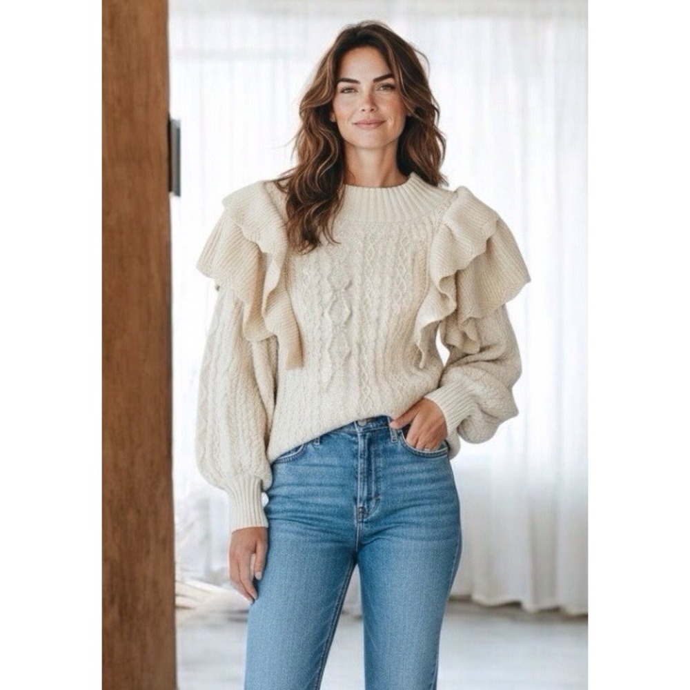 Listicle Sweater Women's Size Medium Off White Cable Knit Puff Sleeve Ruffles